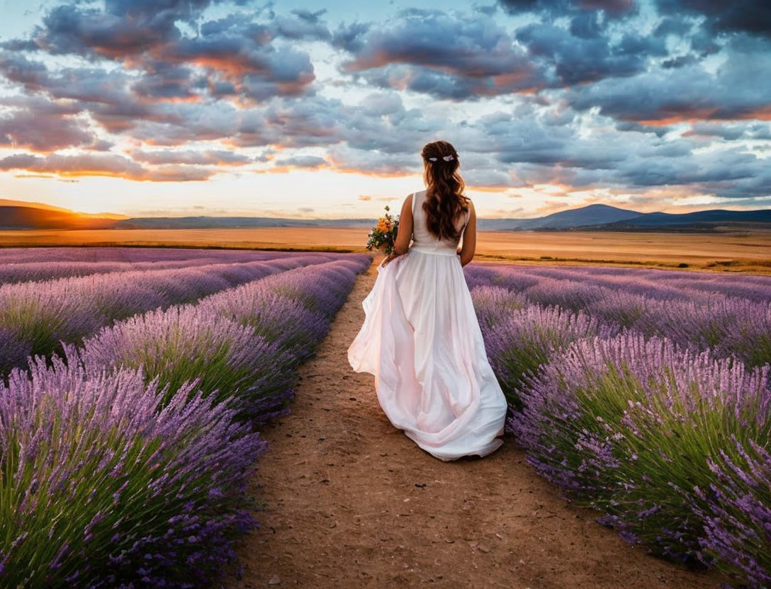 Woman in white dress with bouquet in lavender field at sunset