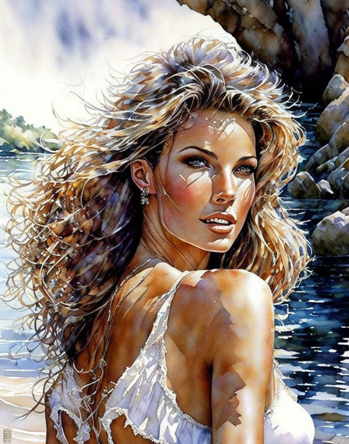 Watercolor illustration of woman with flowing hair and sun-kissed skin in white top, against rocky