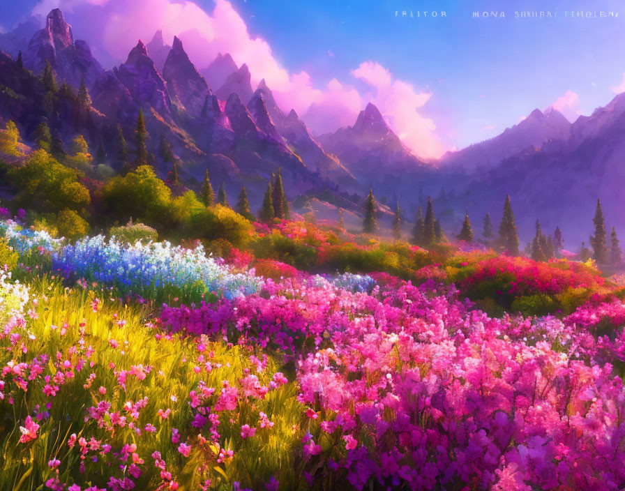 Colorful Flower Field with Misty Mountains Backdrop