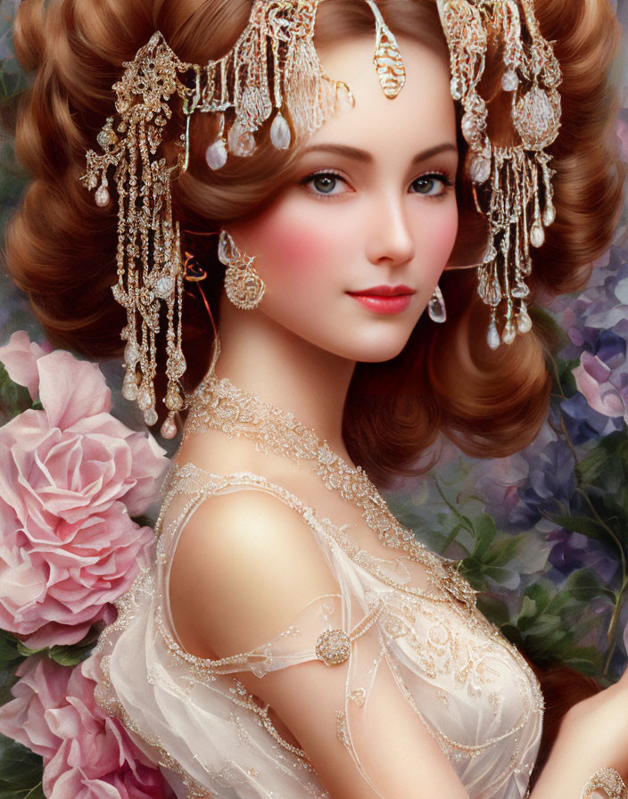 Woman with Gold Jewelry in Hair, White Gown, Pink Roses