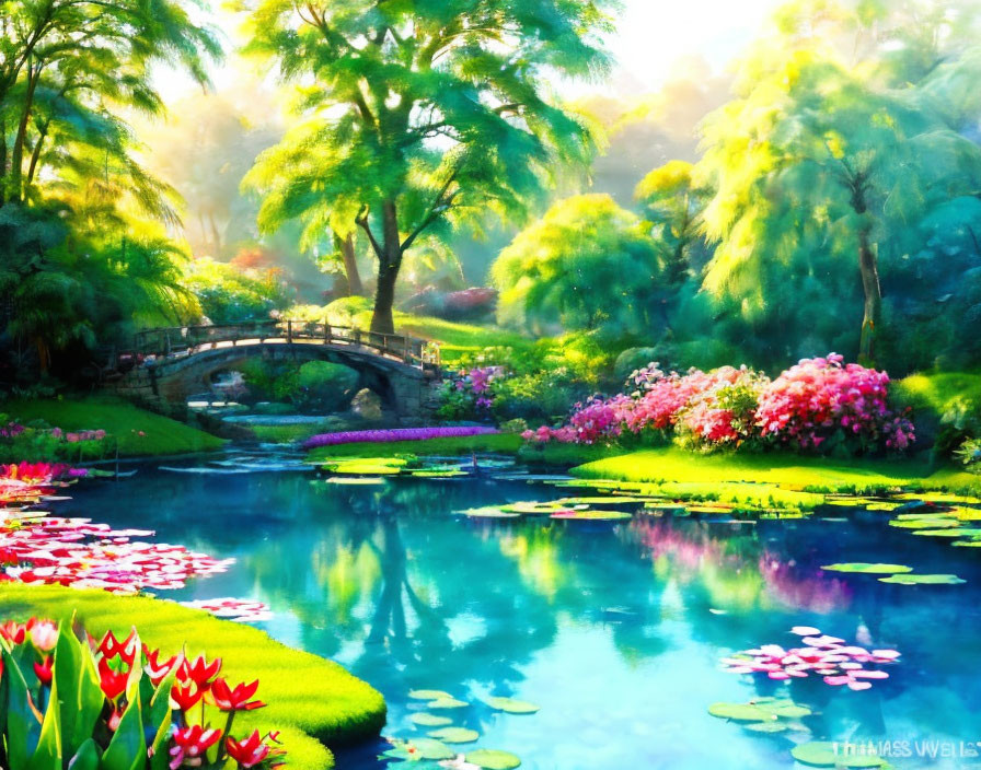 Tranquil garden scene with stone bridge, lily pads, lush vegetation, and vibrant flowers in