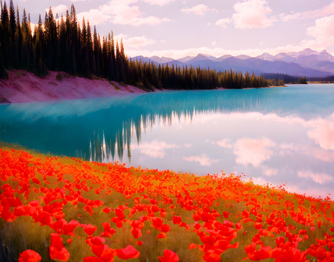 Scenic landscape with red poppies, turquoise lake, and mountain backdrop