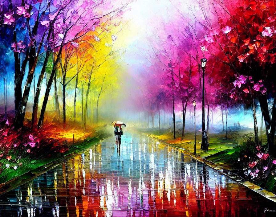 Colorful Forest Rainy Path Painting with Person and Umbrella