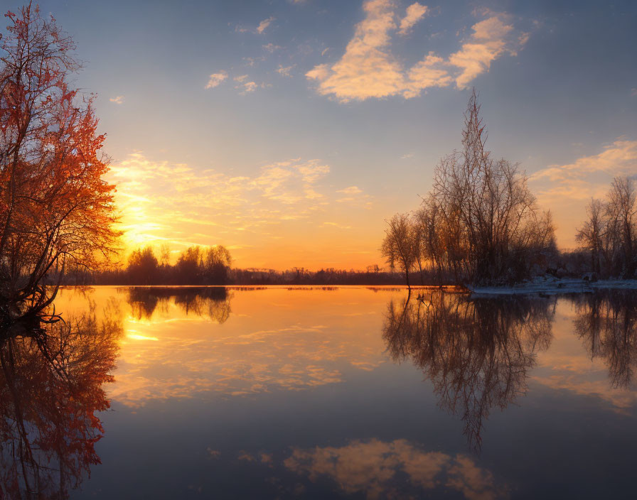 Vibrant sunset reflected on serene lake with silhouetted trees