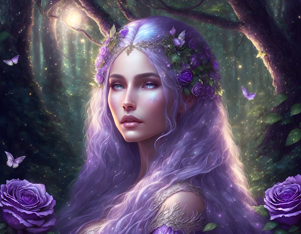 Ethereal woman with lavender hair in mystical forest with butterflies