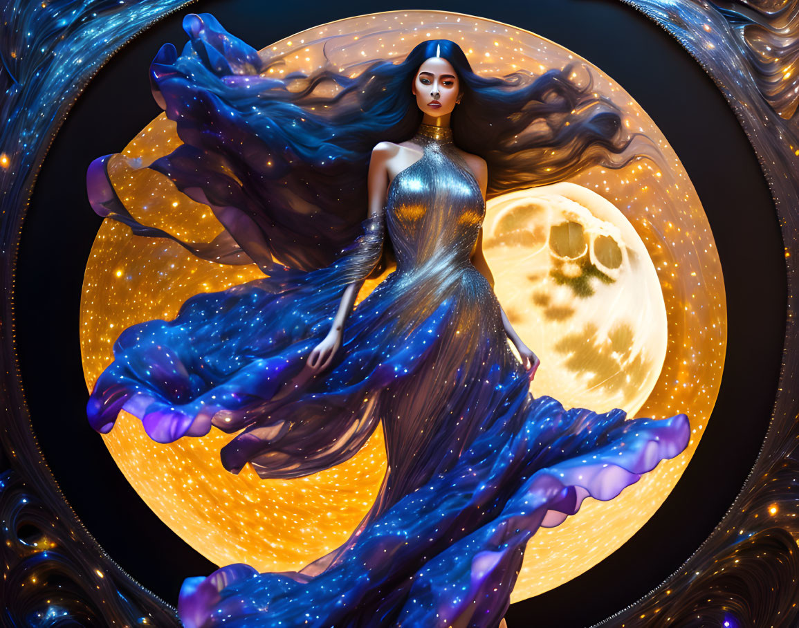 Digital artwork featuring woman in flowing gown under moonlit sky