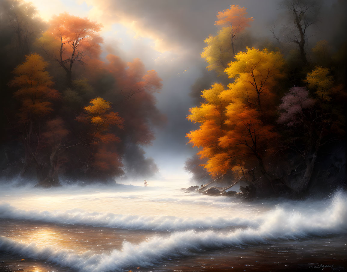 Tranquil forest river scene with autumn foliage and distant figure