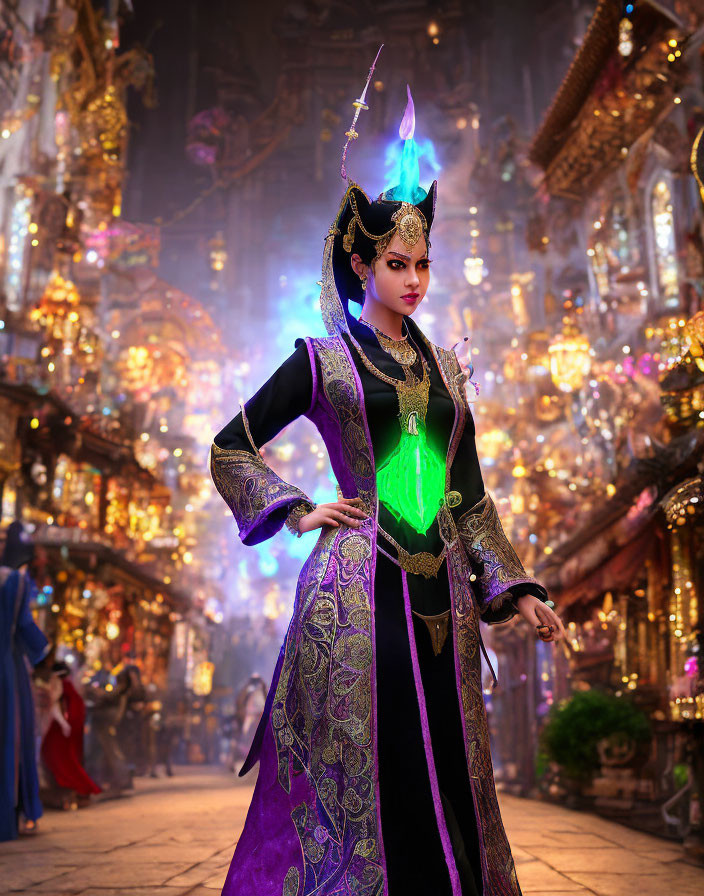 Fantasy setting: Regal woman in ornate dress with glowing jewels and ethereal flame