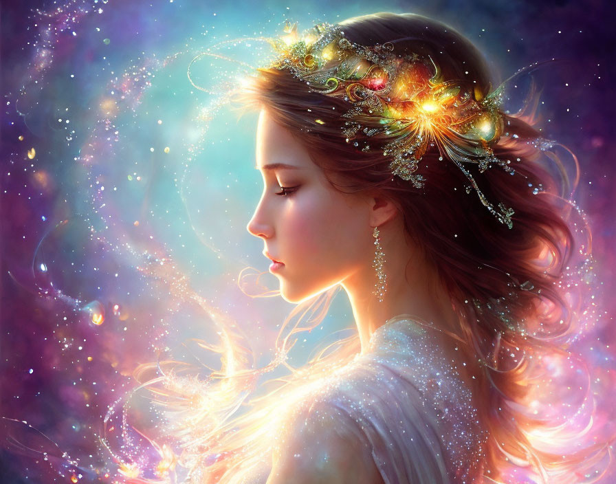 Fantasy artwork: Woman with ornate crown in radiant light on space-like backdrop