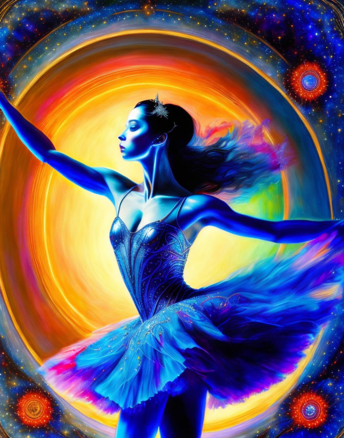 Colorful digital artwork: Ballerina in blue against cosmic backdrop.