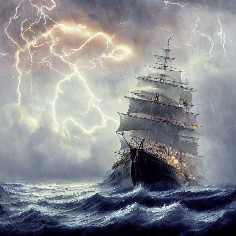 Tall ship sailing through stormy seas with lightning in dark sky