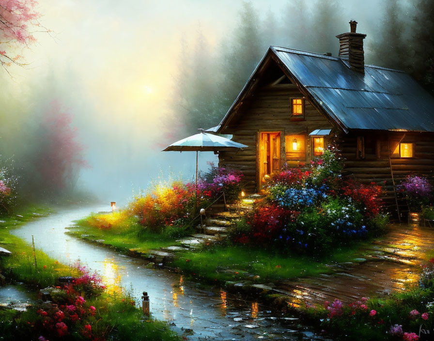 Rustic wooden cabin surrounded by flowers and trees at sunset