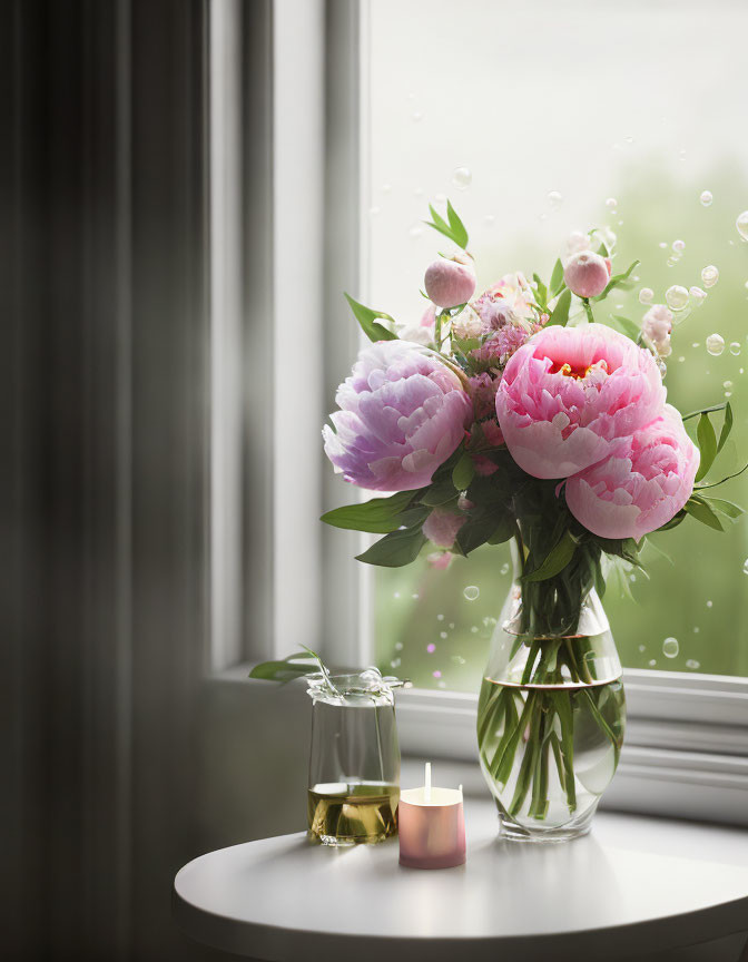 Pink peonies in vase on white table by rainy window with candle and oil bottle