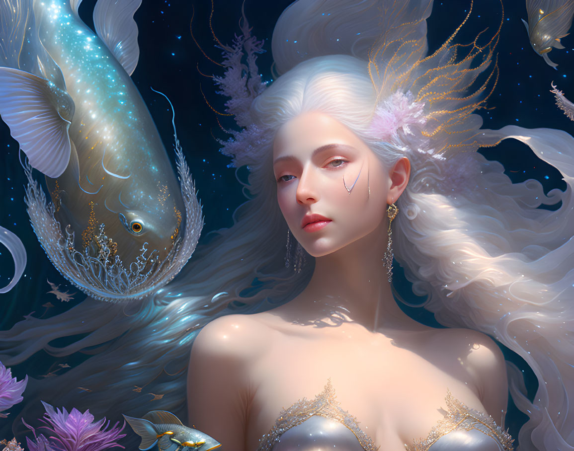 Fantastical image of woman with flowing white hair and sea-themed adornments.