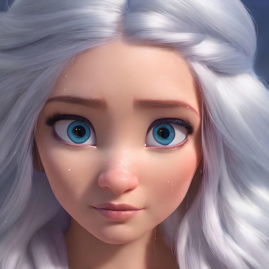 Detailed 3D animated female character with platinum blonde hair and blue eyes