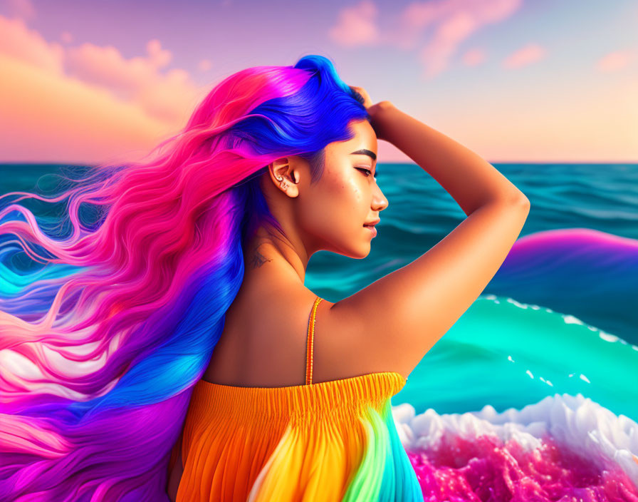 Colorful-haired woman overlooking surreal ocean at sunset