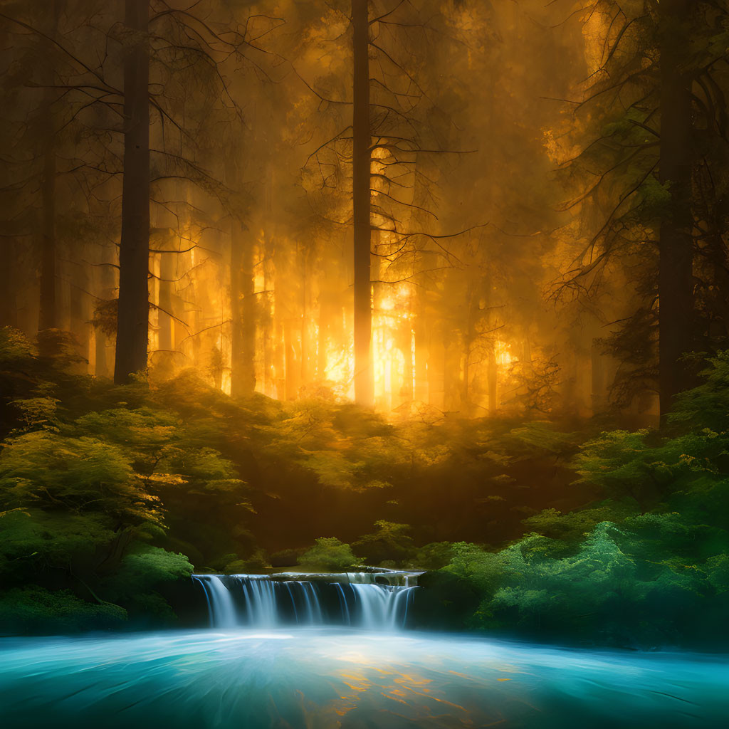 Tranquil waterfall in lush forest with sunbeams and misty air