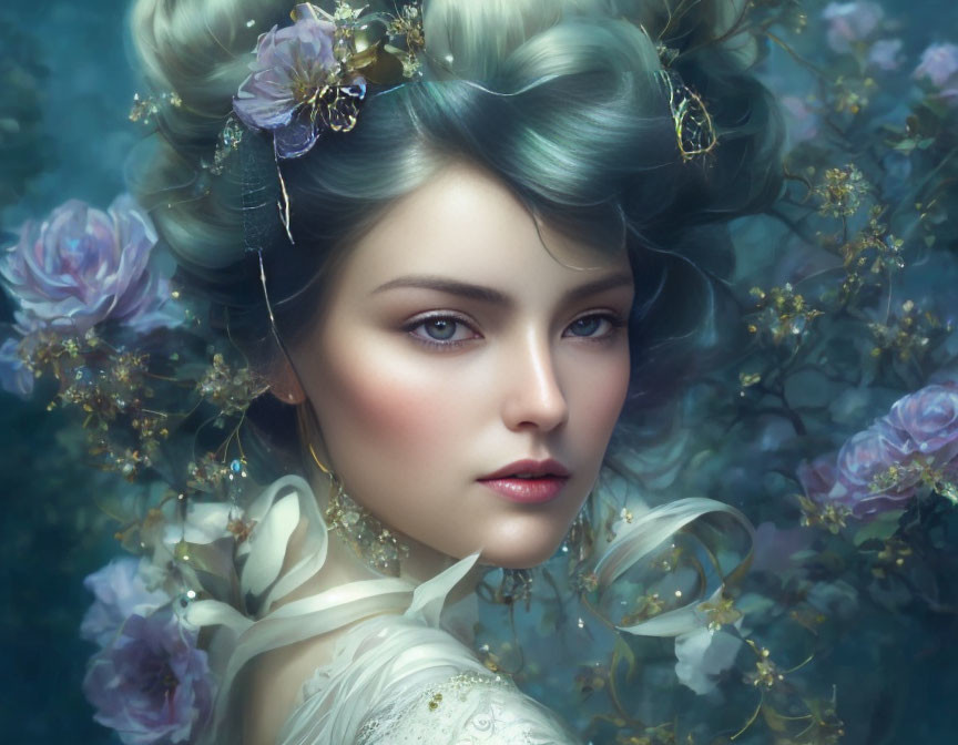 Portrait of Woman with Pastel Blue Hair and Flowers in Dreamlike Setting