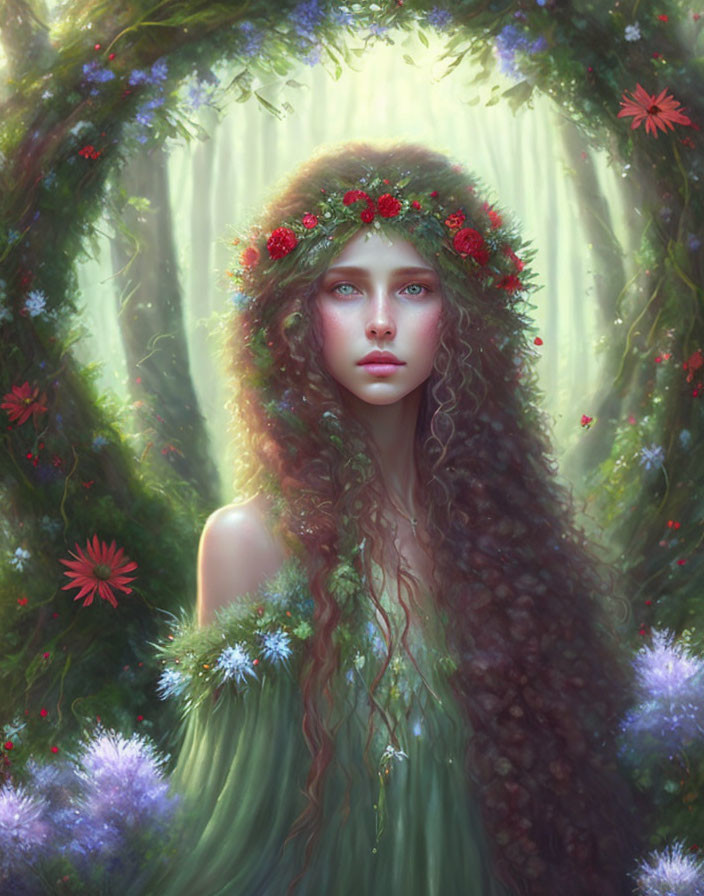 Portrait of woman with long, curly hair in floral wreath, amidst mystical forest setting