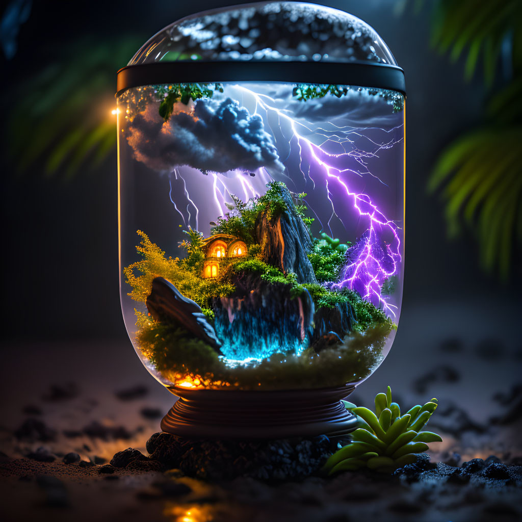 Miniature Glass Bowl Scene with Cozy House, Greenery, and Lightning Sky