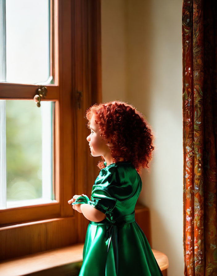 Curly Red-Haired Child in Green Outfit by Window in Warm Light