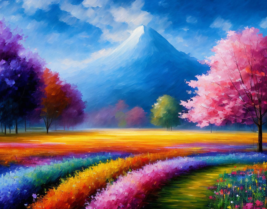 Colorful Flower Field Painting with Path, Trees, and Mountain