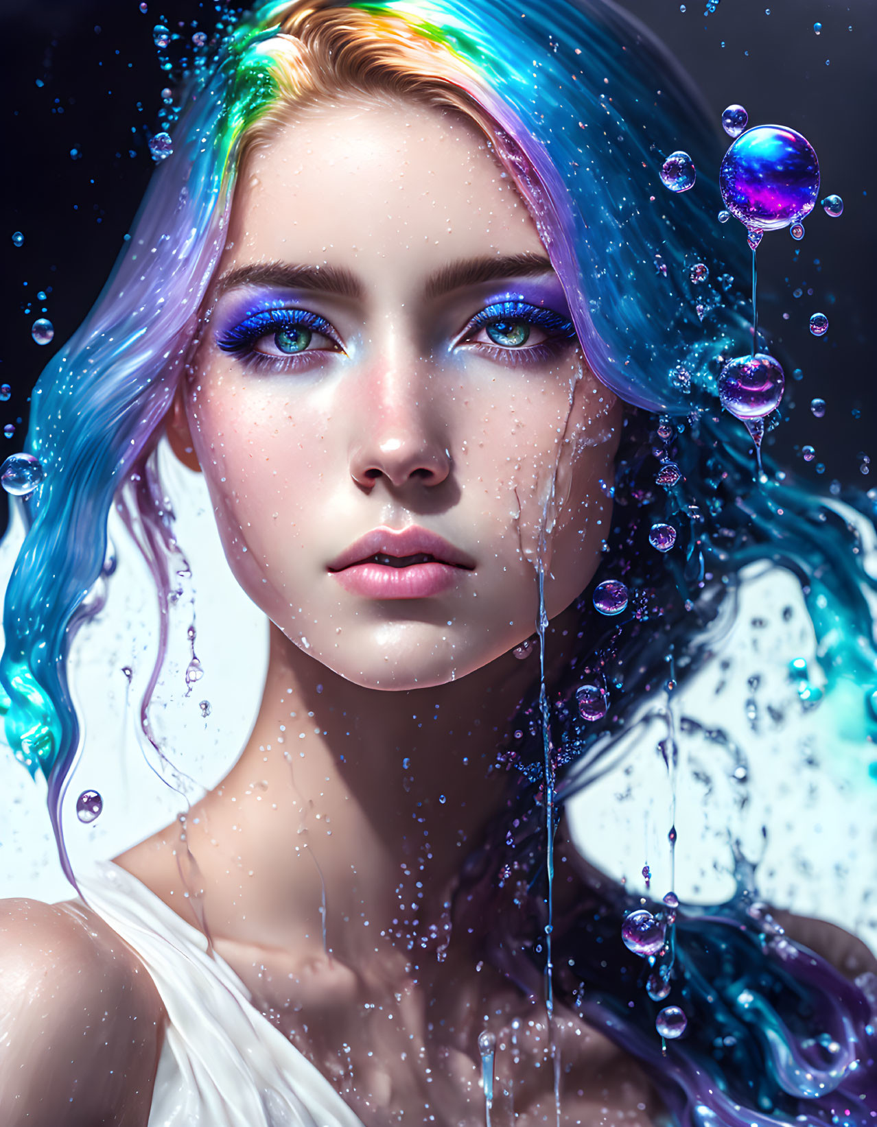 Vibrant digital artwork: Woman with multi-colored hair and blue eyes on dark background