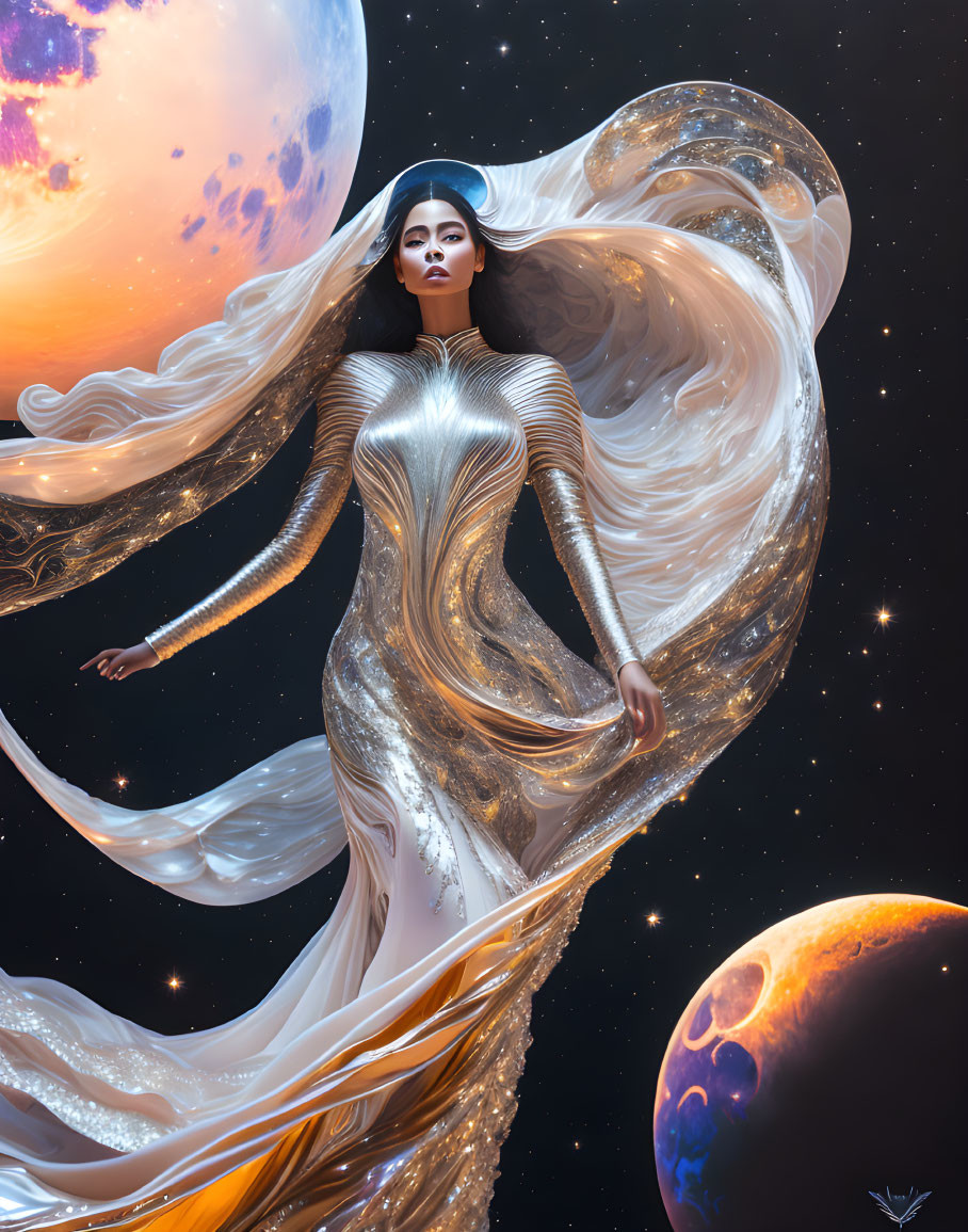 Majestic figure with flowing hair and gown in cosmic setting