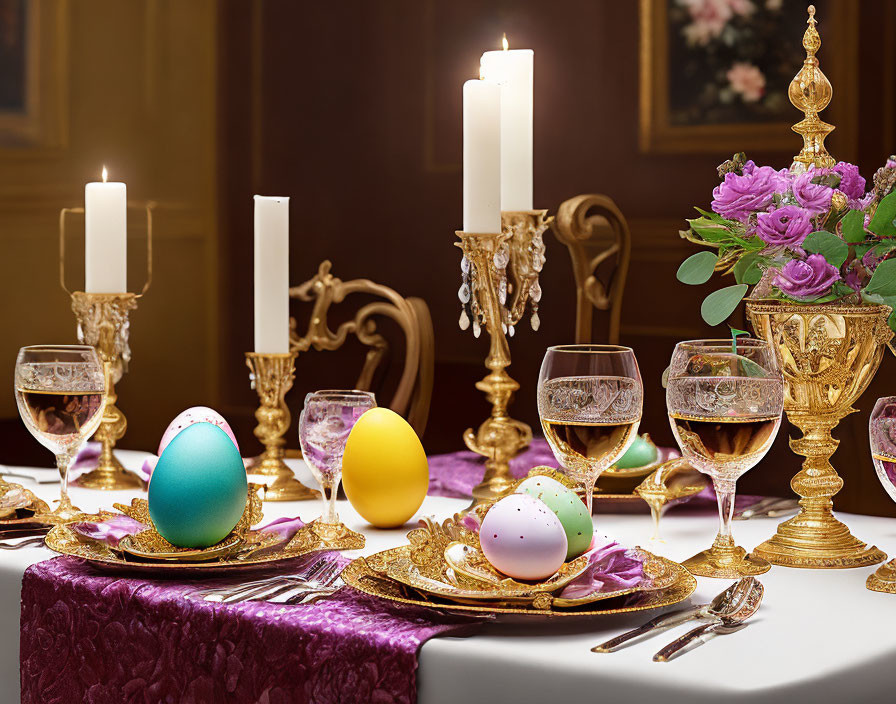 Luxurious Easter dining table decor with candles, eggs, wine glasses, golden utensils, and floral