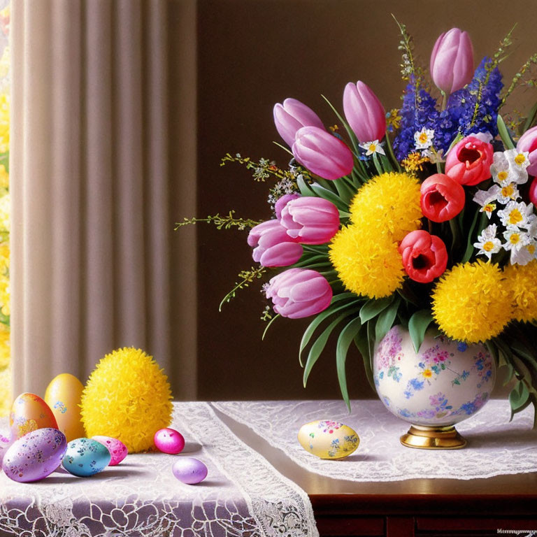 Colorful flowers, patterned vase, Easter eggs, lace table, draped curtains