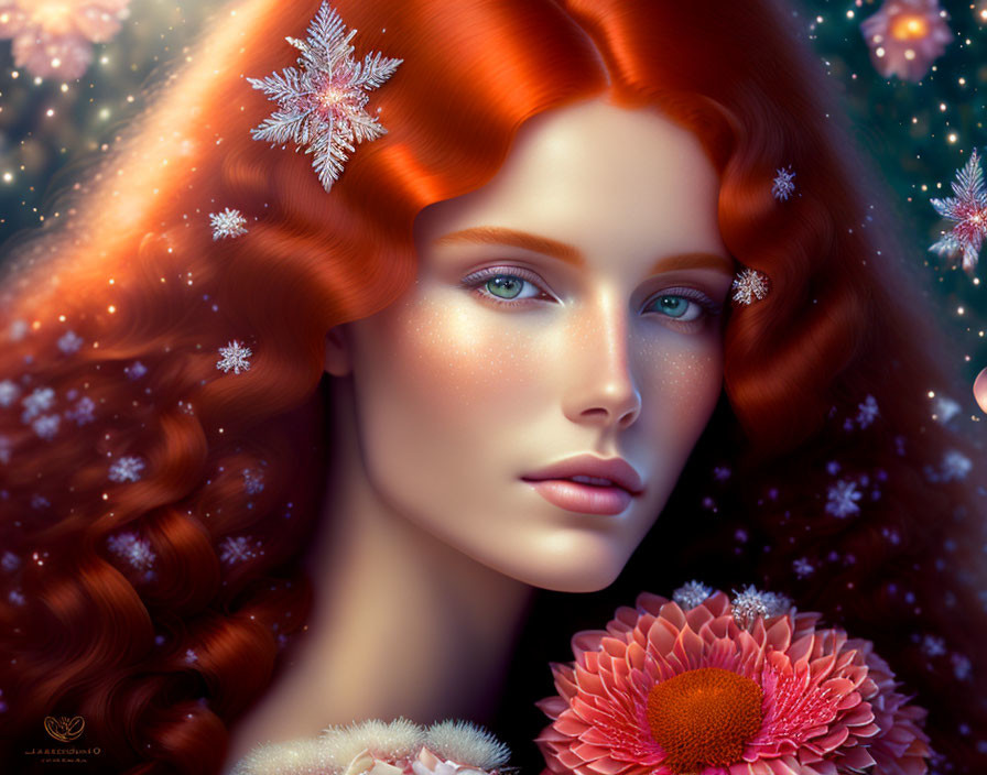 Digital portrait of woman with red hair, snowflakes, stars, and flowers