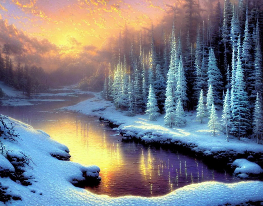 Snow-covered pine trees and river in serene winter sunrise.