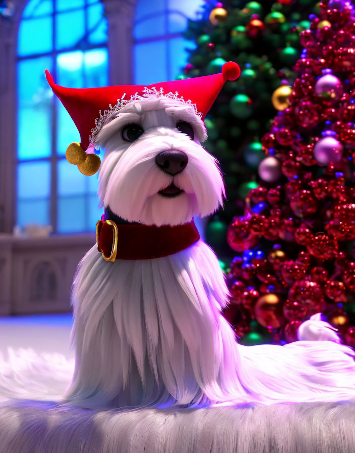 Fluffy white dog in red Christmas hat by decorated tree