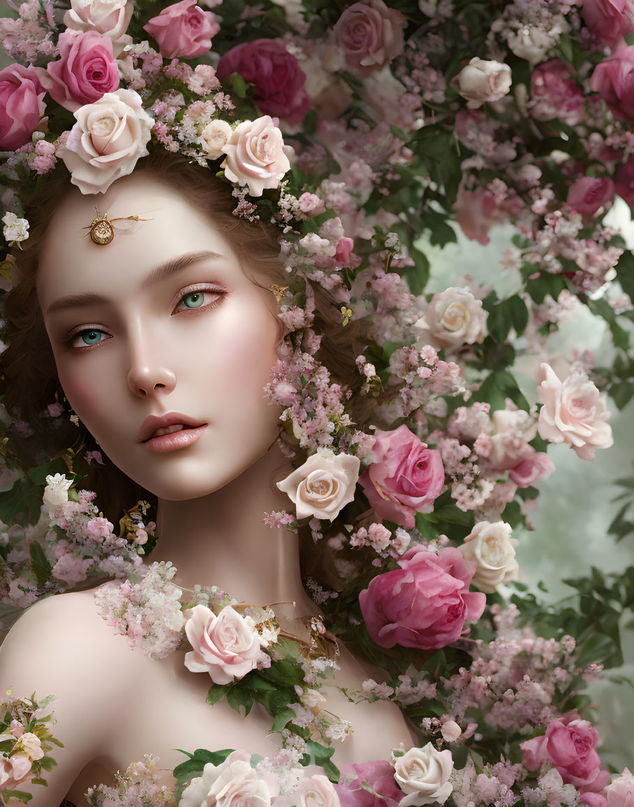 Woman with pink and white roses in hair emits fairy-tale vibe