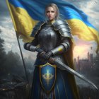 Medieval armor-clad woman with sword by blue and yellow flag