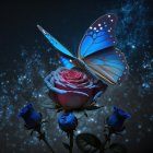 Blue Butterfly on Pink Rose with Starry Night Sky and Glowing Buds