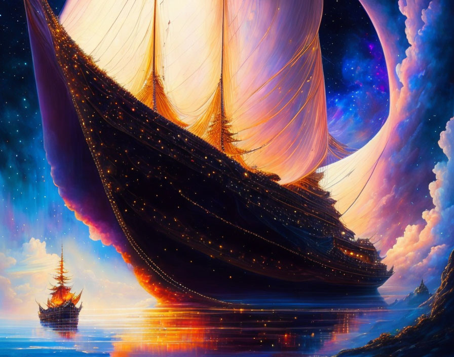 Fantastical image: Glowing sea, surreal sky, starry cosmos, nautical scene