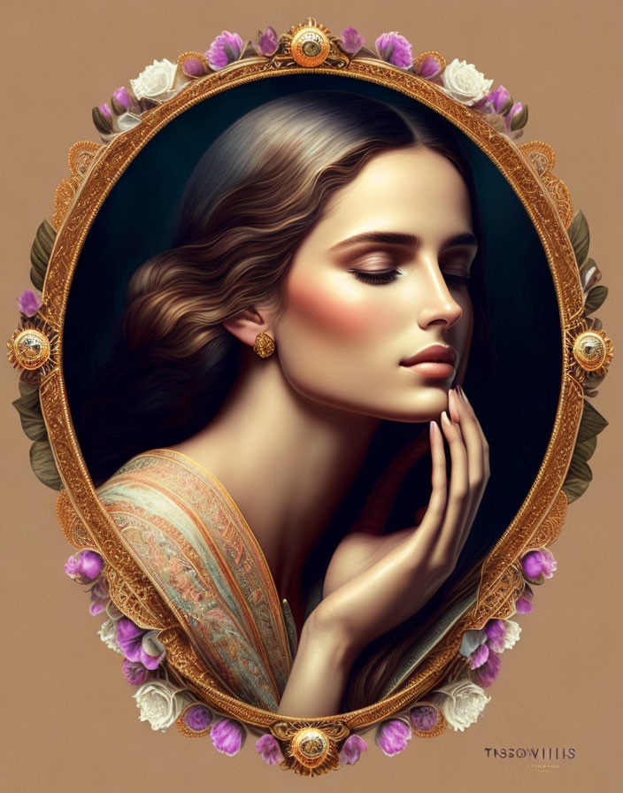 Serene woman portrait with wavy hair in ornate oval frame