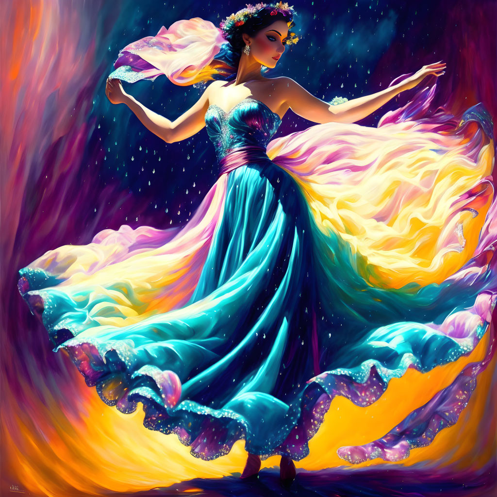 Vibrant illustration of woman dancing in cosmic dress.