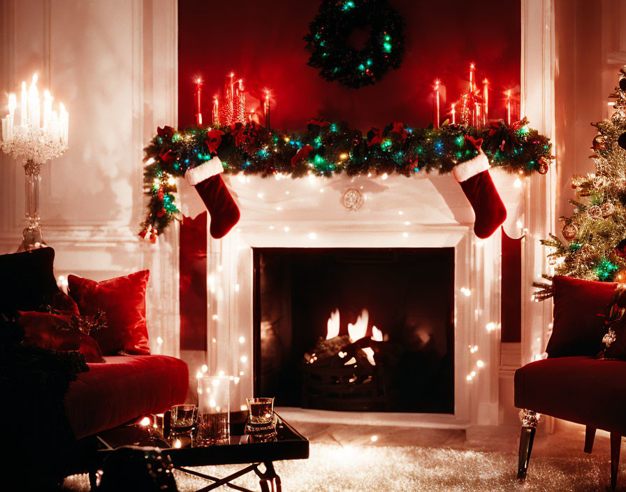 Festive Christmas interior with fireplace, stockings, tree & decorations