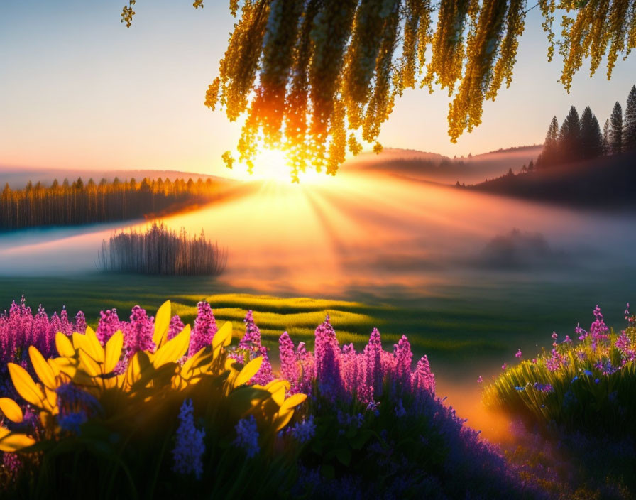 Misty Landscape at Sunrise with Wildflowers and Sunbeams