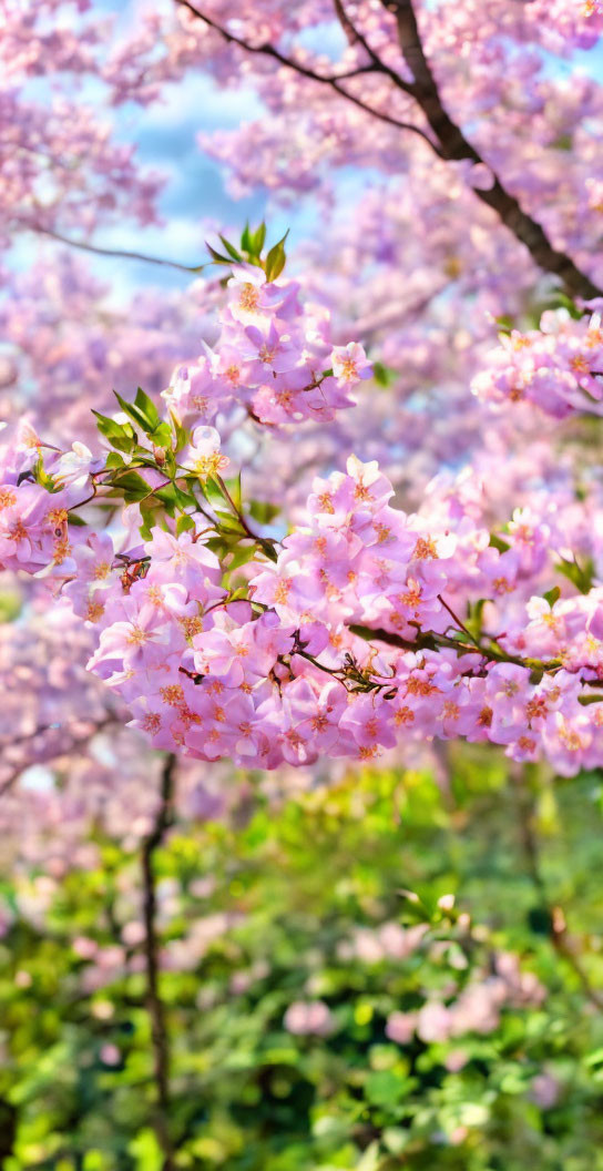 Pink Cherry Blossoms in Sunny Sky with Flowering Trees