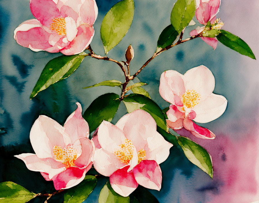 Pink and White Blossoms Watercolor Painting on Branch with Textured Blue and Purple Background