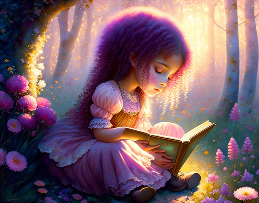 Young girl with purple hair reading in magical forest glade