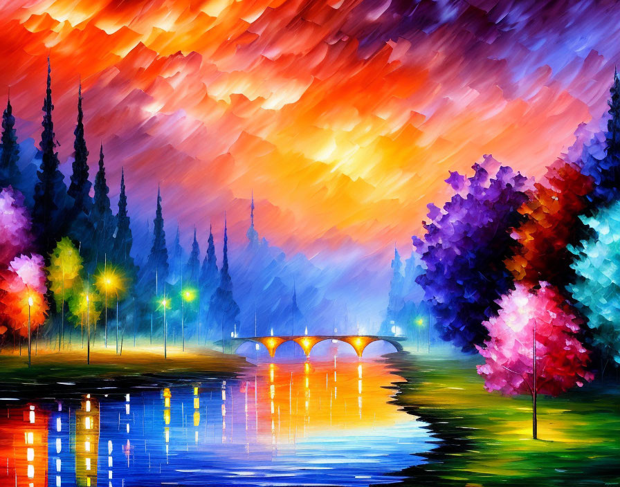 Colorful Landscape Painting with Sunset, Trees, River, Bridge, and Clouds