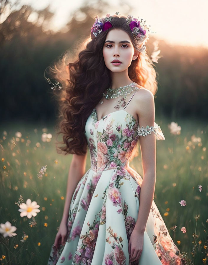 Woman in floral dress and flower crown in field at sunset