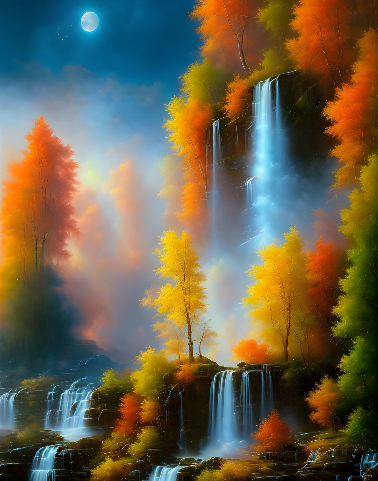 Ethereal moonlit waterfall in autumn landscape