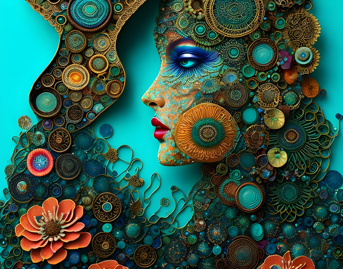 Intricate digital artwork: Two profiles with organic and steampunk elements on teal background