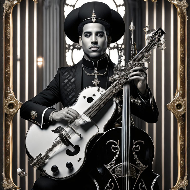 Man in ornate black outfit with wide-brimmed hat holding white, elaborate guitar on striped background