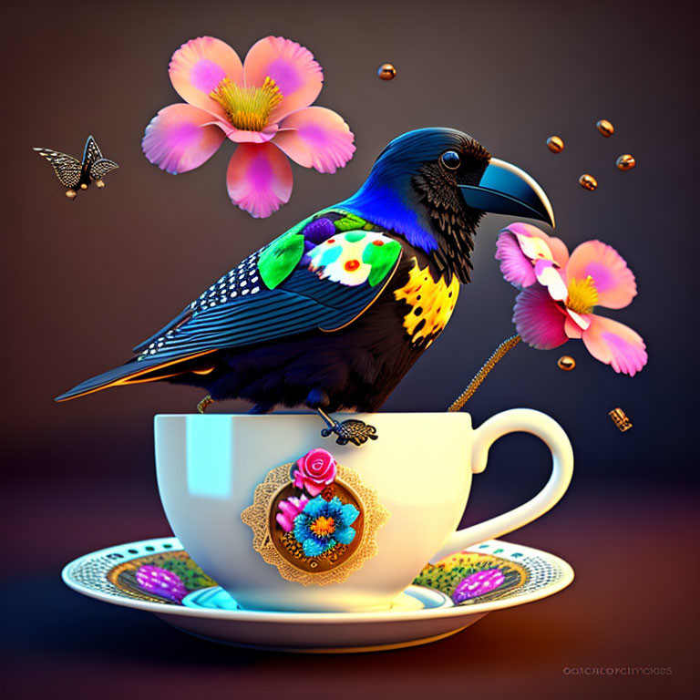 Colorful Bird on Ornate Teacup with Flowers and Butterfly